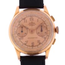 DELBANA - a Swiss 18ct gold mechanical chronograph wristwatch, circa 1950s, rose champagne dial with