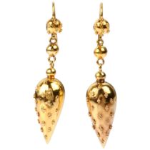 A pair of Victorian Etruscan Revival drop earrings, unmarked gold settings with applied ball