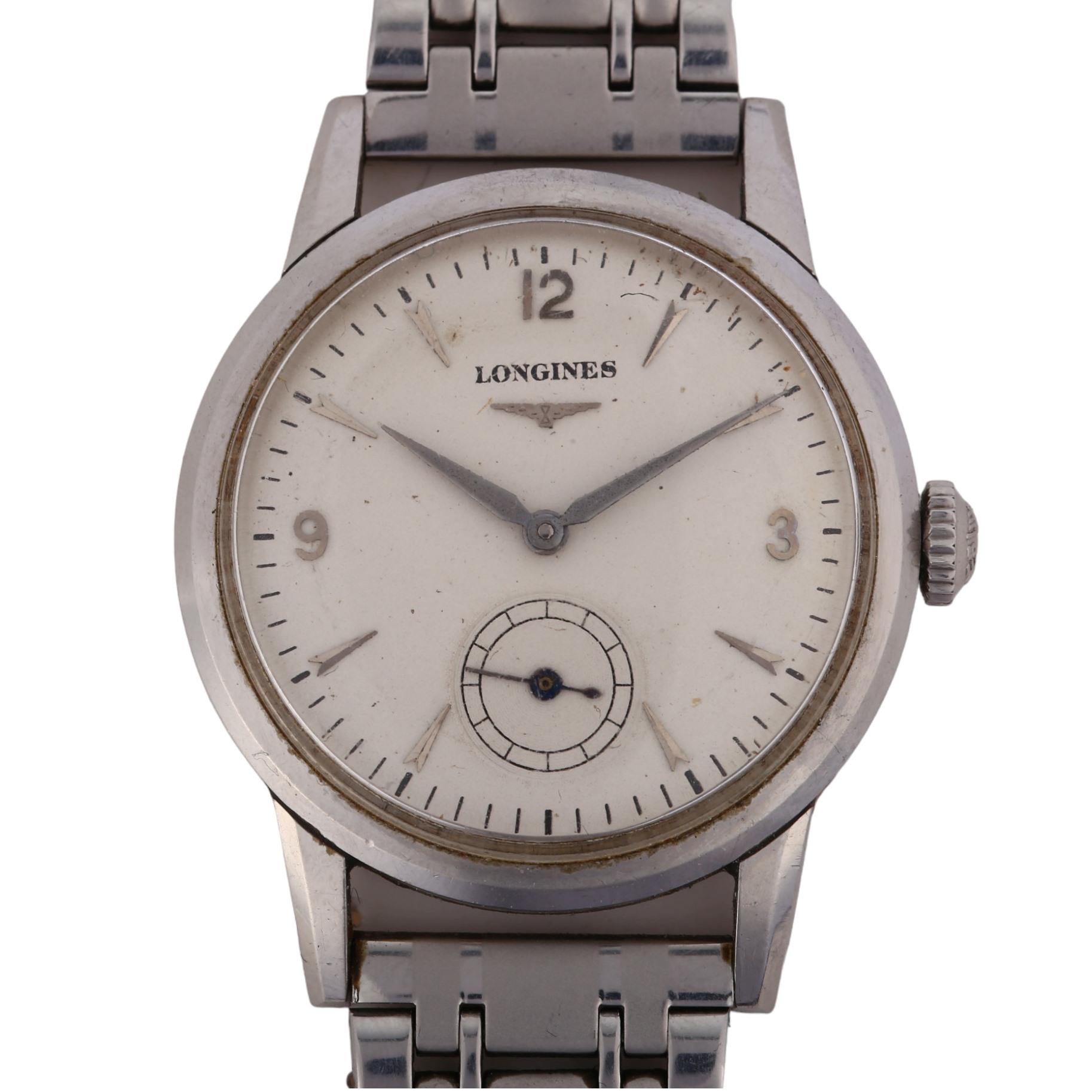 LONGINES - a Vintage stainless steel mechanical bracelet watch, circa 1960s, silvered dial with