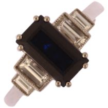 A platinum five stone sapphire and diamond ring, prong set with 1.6ct rectangular step-cut