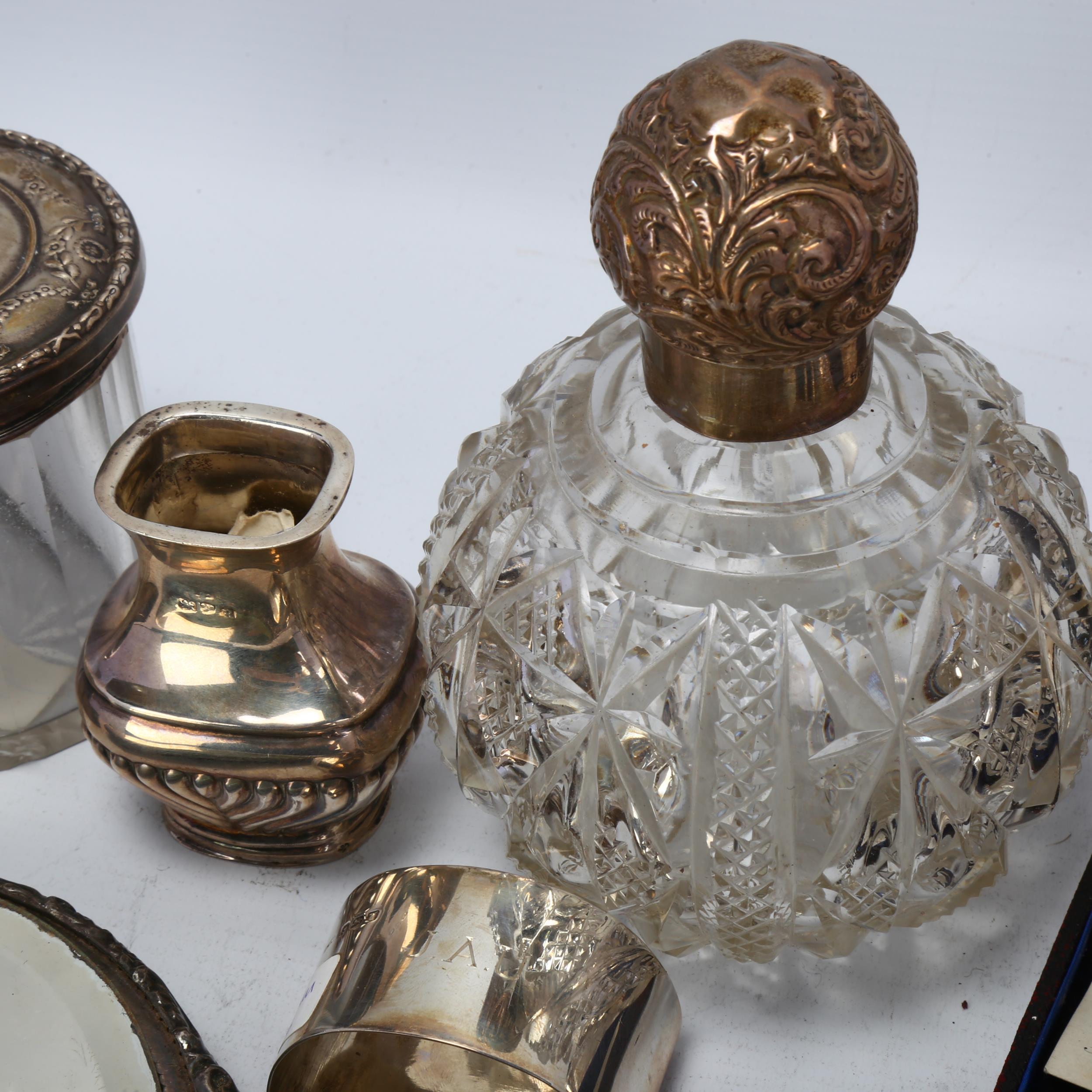 Various silver, including cat bell, dressing table perfume jar, dressing table hand mirror etc Lot - Image 3 of 3