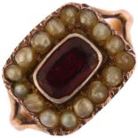 A Georgian 9ct rose gold garnet and pearl cluster memorial ring, circa 1820, the central foil-backed