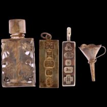 2 silver ingot pendants, and a miniature silver-mounted glass travelling perfume bottle and