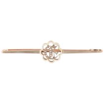 A Victorian 15ct gold enamel and diamond initial E bar brooch, circa 1880, the central openwork