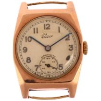 ELCO - a mid-20th century 9ct rose gold mechanical wristwatch head, circa 1940s, silvered dial