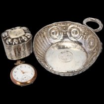Various silver, including Queen Anne coin inset wine taster, D&J Wellby, London 1913, 9.5cm, Dutch