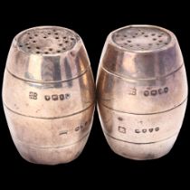 A pair of Victorian novelty silver Whisky barrel pepperettes, Hukin & Heath, London 1886, with