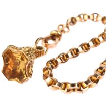 An Antique 9ct rose gold belcher link Albert chain necklace, with 19th century citrine intaglio