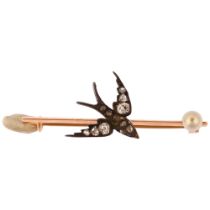 A Victorian pearl and diamond figural swallow bird bar brooch, unmarked gold and silver settings