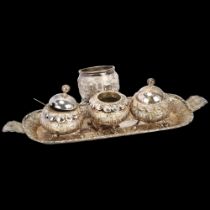 A Persian silver cruet set, including 2-handled tray and mustard pot, signed, tray length 23cm,