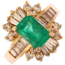 A 14ct gold emerald and diamond ballerina cluster ring, prong set with 1.38ct rectangular step-cut