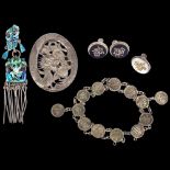 Various Chinese silver jewellery, including polychrome enamel drop earring, dragon buckle retailed