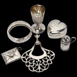 Various silver, including postage stamp case, heart pillbox, miniature thimble goblet etc Lot sold