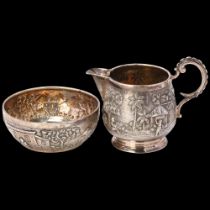 An Indian silver cream jug and sugar bowl, Grish Chunder Dutt, Bhowanipore, Calcutta, allover relief