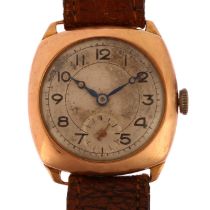 An Art Deco 9ct rose gold cushion mechanical wristwatch, silvered dial with painted Arabic numerals,