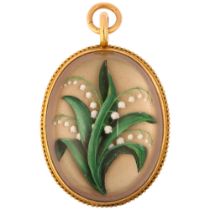 A late Victorian Essex Crystal 'lily of the valley' locket pendant, circa 1880, the oval high