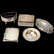 Various silver, including curved cigarette case, Armada dish, dressing table box, Birmingham 1901