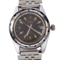 STENTOR - a stainless steel GMT Worldtimer diver style mechanical bracelet watch, circa 1970s, black