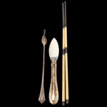 Various silver, comprising cocktail swizzle stick, German oyster knife, and pair of bone chopsticks,
