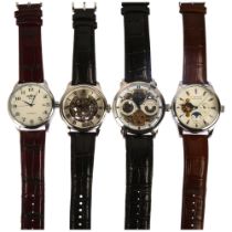 4 modern stainless steel automatic wristwatches, comprising Stuhrling Original Dual Time, Globenfeld