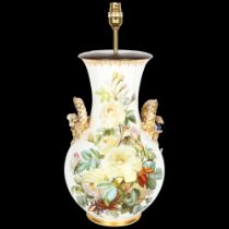 A Vintage Continental 2-handled porcelain vase converted to a lamp, height overall 46cm