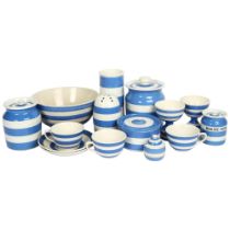 T G Green Cornishware, including flour sifter, and storage jar, baking powder jar and cover etc,