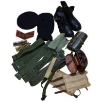 Various Second World War items, including beret, boots, leather-cased binoculars etc