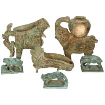 A group of Archaic verdigris cast-metal sculptures, including an elephant with a water bucket, H13cm