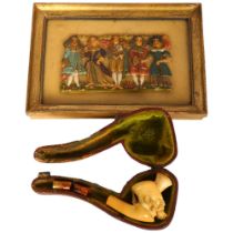 An Antique Meerschaum pipe (A/F), and a moulded and painted wax study of figures, 12.5cm x 17.5cm
