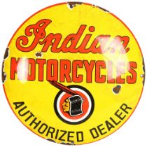 A convex enamelled advertising sign, for Indian Motorcycles, diameter 30cm