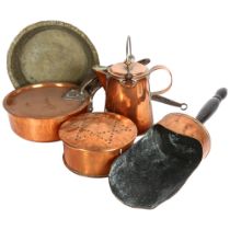 Antique copper pans with iron handles, a copper shovel with turned wood handle etc