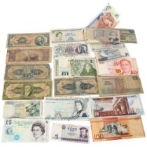 A collection of Vintage and other banknotes, including 2 English £5 notes, Canadian, English £1