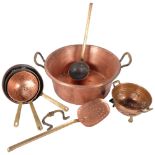A French copper 2-handled pan, a skillet, a long-handled ladle, a graduated set of sieves etc
