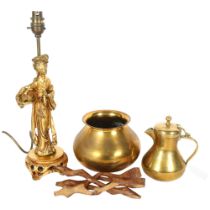 A lidded brass jug, a brass pot on folding wooden stand, and a Japanese lady figure table lamp,