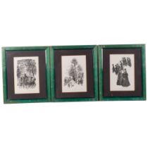 Frank Martin, 3 framed wood-cut engravings, scenes depicting a horse-drawn carriage, religious group