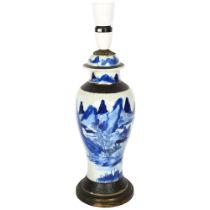A crackle glaze blue and white Chinese vase design lamp, 39cm