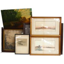 A group of various prints and watercolours, including 2 similar watercolours by F.G. Fraser, both