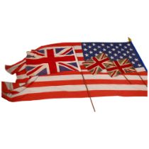 4 Vintage flags on poles, including 3 Union Jacks, and a USA machined cotton flag, 254cm x 124cm