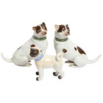 A group of 3 Meissen porcelain dog figurines, all stamped to the underside with crossed blue swords,