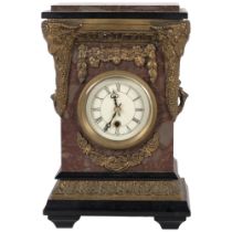 A reproduction French style marble and slate mantel clock, H28cm No key
