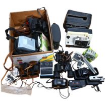 A box of various cameras and cased binoculars, including Wray and Boots