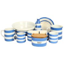 T G Green Cornishware, including wall-hanging salt pot, and oil jar, with green shield back stamps