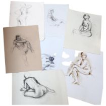 A folio of charcoal pencil and watercolour sketches of various male and female nude figures, all