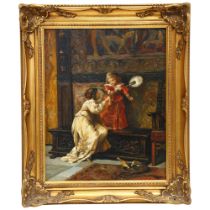 A modern oil on canvas, in a modern giltwood frame, depicting 2 young girls playing with a group