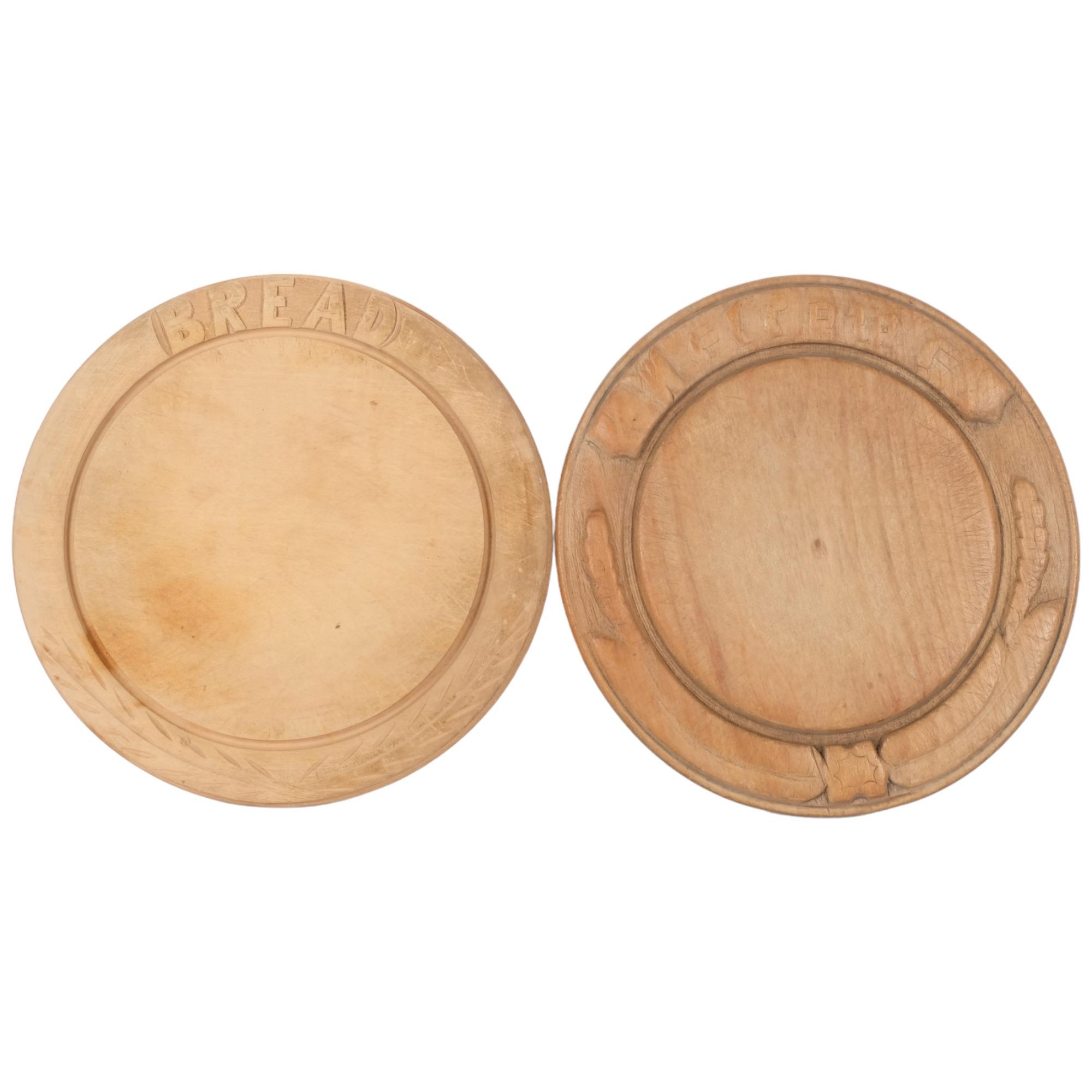 2 x 20th century circular bread boards, with carved decoration, diameter 30cm each