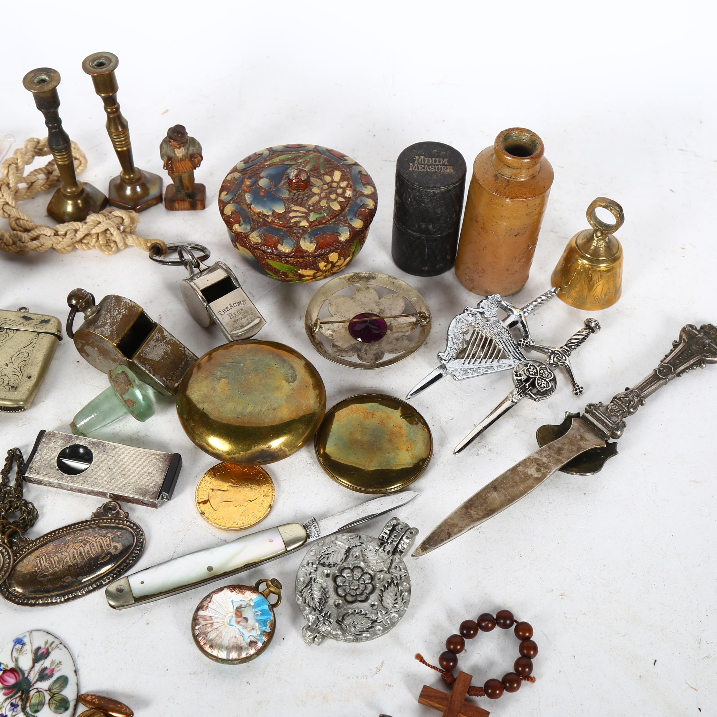 A tray of interesting items, including snuffbox, decanter label, candlesticks etc - Image 2 of 2