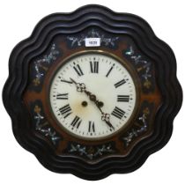 A French stained wood 8-day wall clock, with abalone shell decoration, diameter 49cm, no key