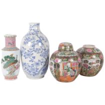 A group of Oriental vases, including a blue and white vase with blue character mark, H32cm, a pair