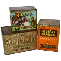 A shop display tin for Faulkner's Sweet Rosemary Tobacco, 22cm across, a Kilkof Kubes tin, and a