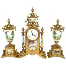 An impressive 3-piece clock garniture, gilt-metal frames, with ceramic pillars, with transfer
